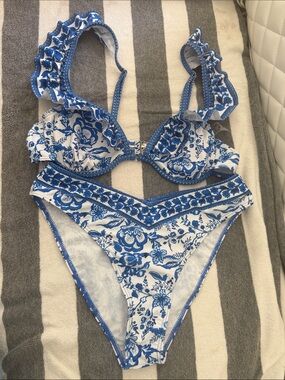 Blue Floral Ruffle-Strap two piece